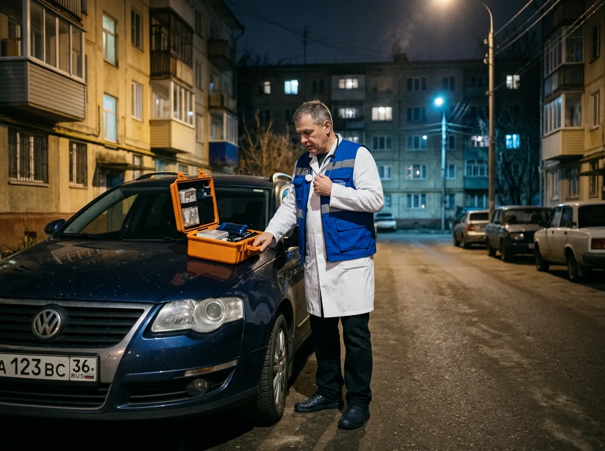Врач-нарколог в белом халате с медицинским чемоданчиком стоит у машины без опознавательных знаков в ночном Воронеже, готовится к выезду на вызов