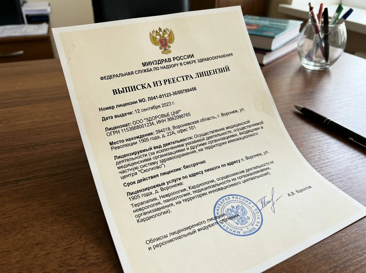 Выписка из реестра лицензий Минздрава России, официальный документ на фирменном бланке, бессрочный, Воронежская область