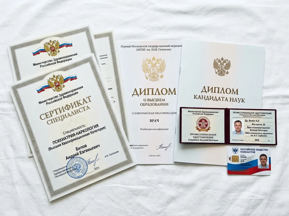 Сертификаты специалистов врачей-наркологов высшей категории, дипломы медицинских вузов, профессиональные удостоверения на белом фоне