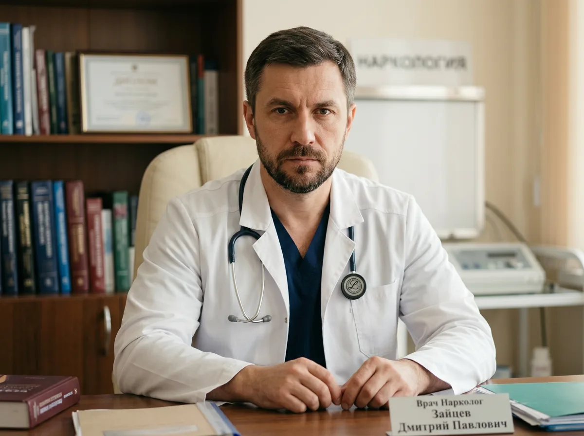 Портрет врача нарколога Зайцев Дмитрий Павлович, мужчина 38 лет, строгий взгляд, белый халат, медицинская фотография студийная